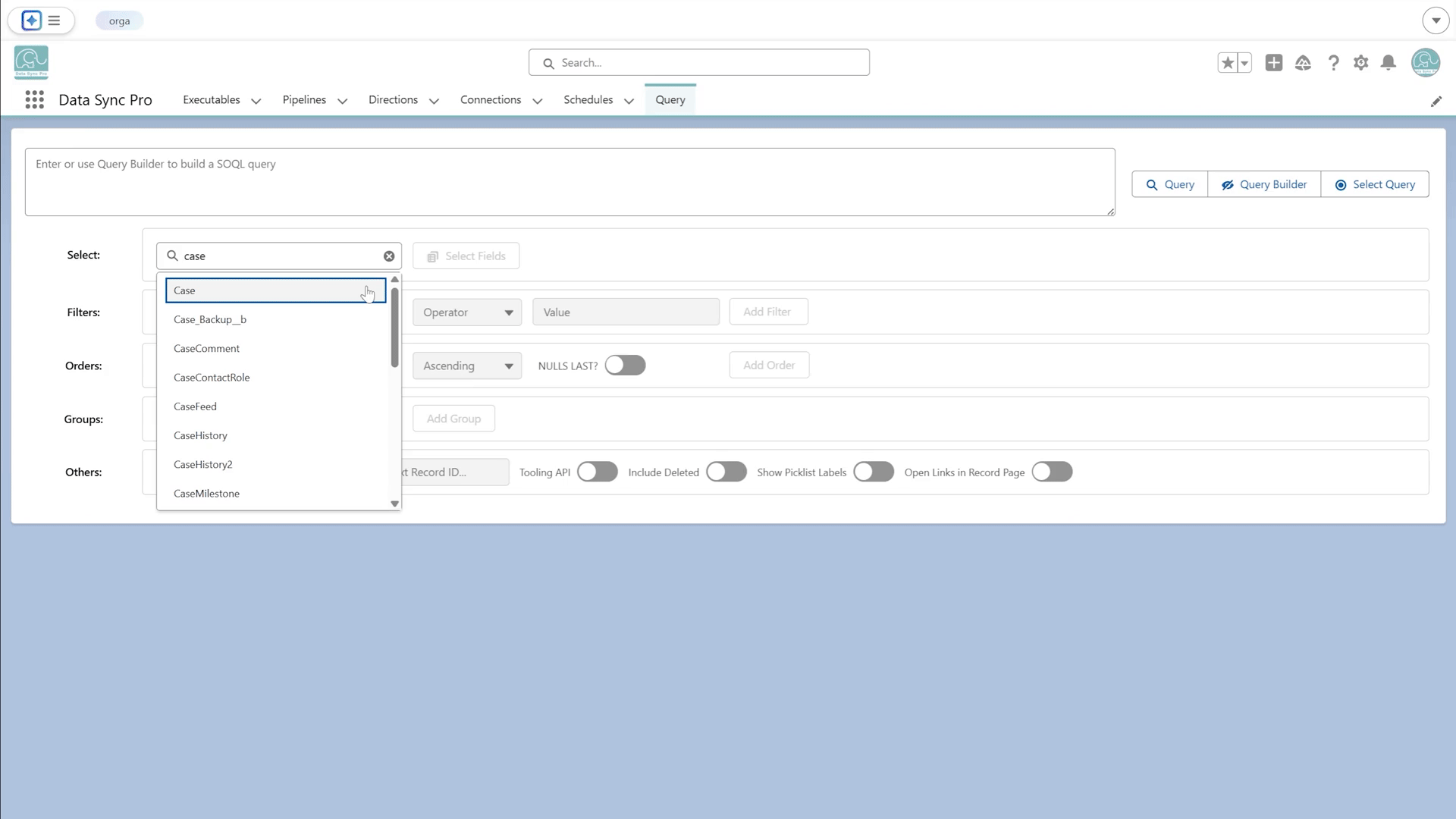 DSP Query Manager — visual Query Builder in the Salesforce Lightning UI: pick object, fields, filters, orders, groups, limit.